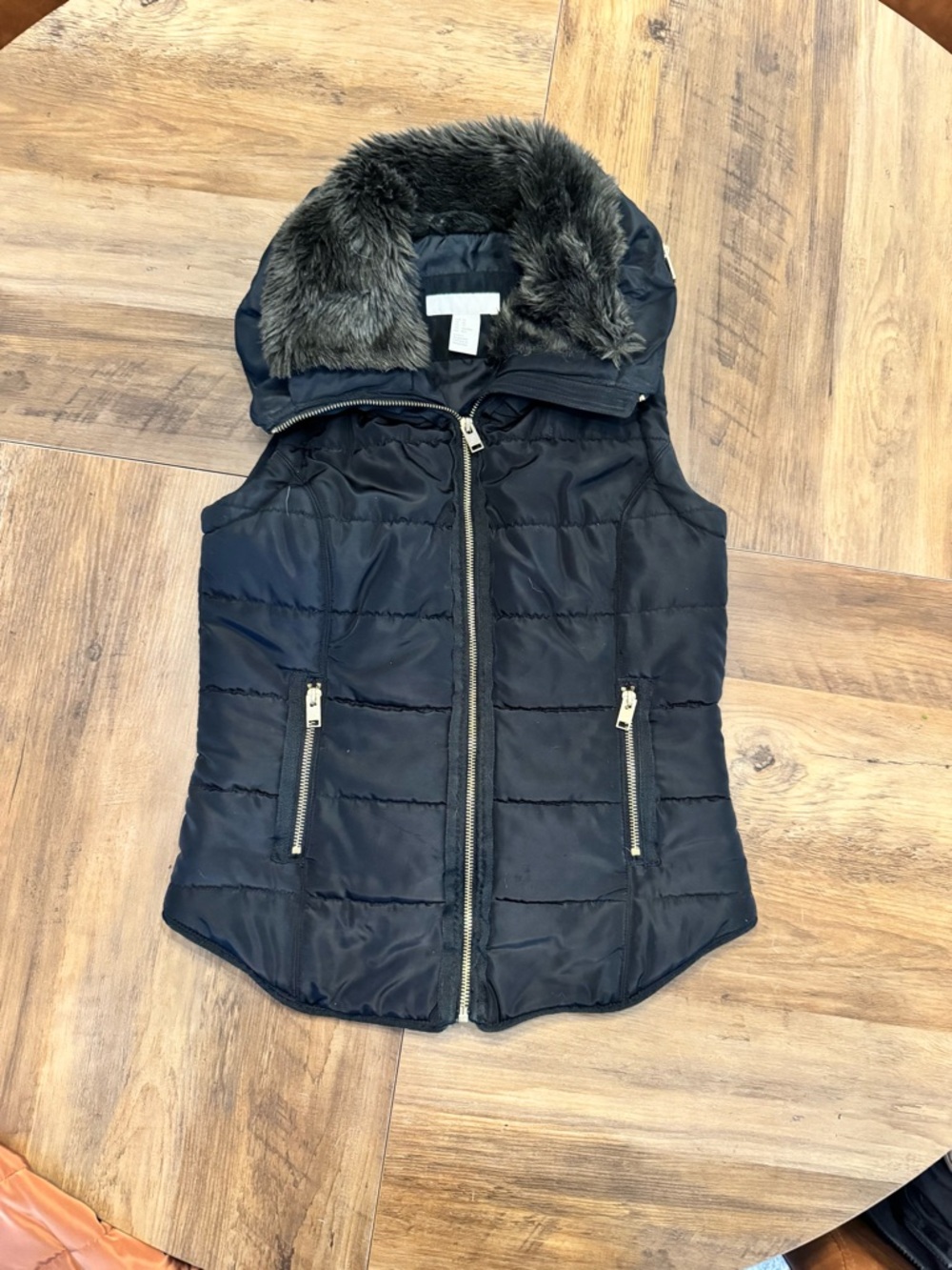 H&M Black Quilted Faux-Fur Hooded Puffer Vest